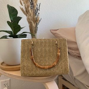 Rattan Straw Bamboo Handle Crossbody Handbag